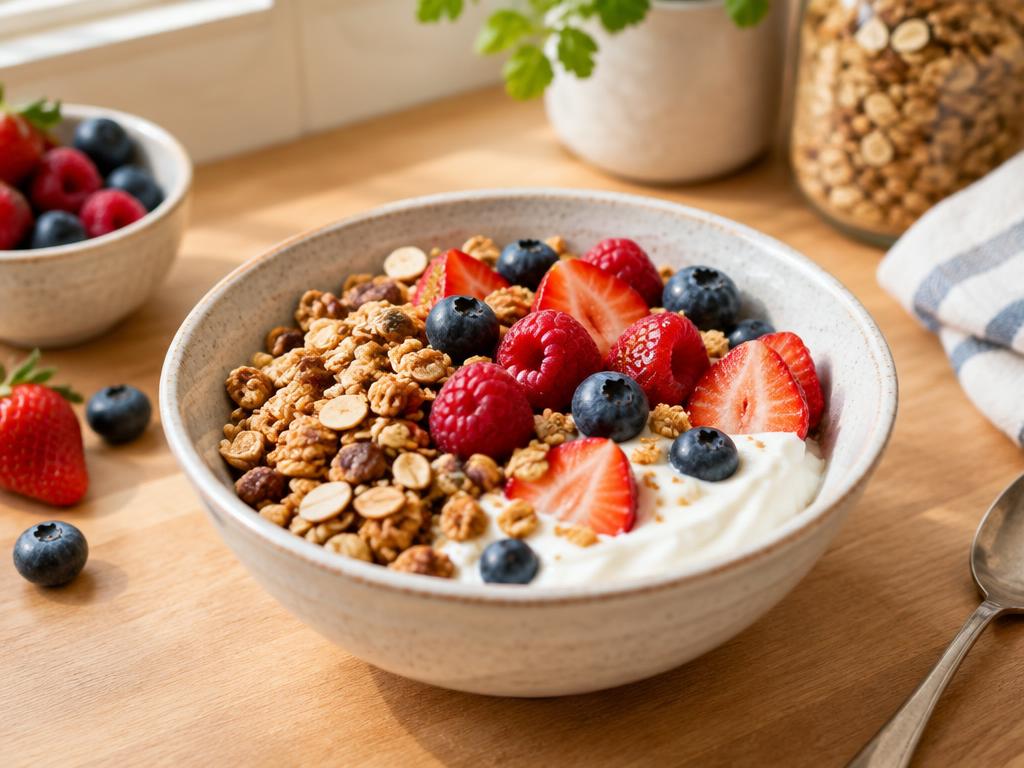Bowl de yogur con fresas, moras y granola sobre mesa de madera