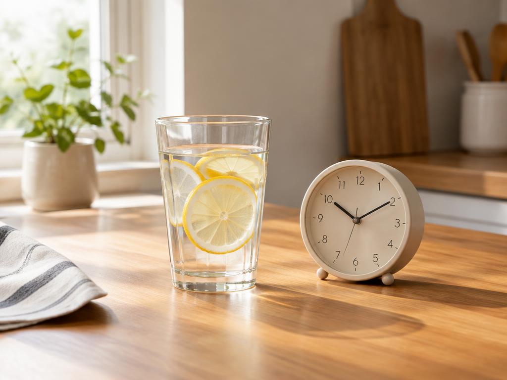 Vaso de agua con limón junto a un reloj sobre una mesa de madera