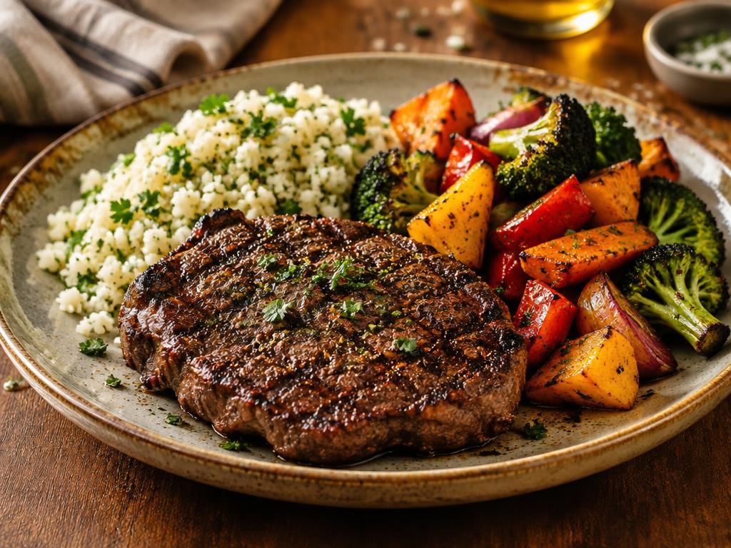 Plato de carne a la parrilla con arroz de coliflor y vegetales asados